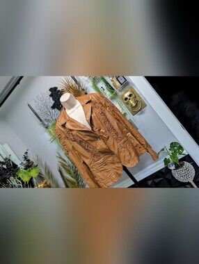 Point Zero Caramel Tan Pu Leather Embroidery Jacket LG *FLAW*